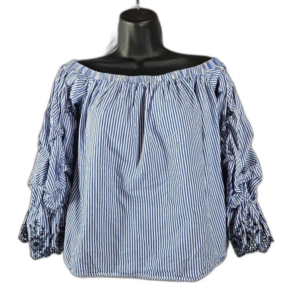 ASTR L Cotton Puff Sleeve Blue Top Matress Stripe Blouse off Shoulder Summer